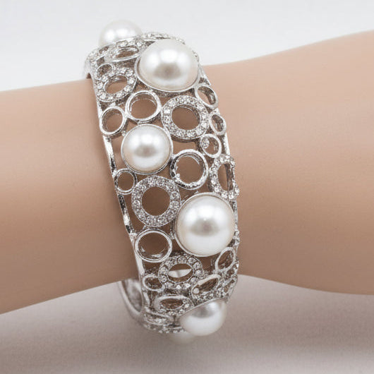 Silver Pearl & Rhinestone Bangle