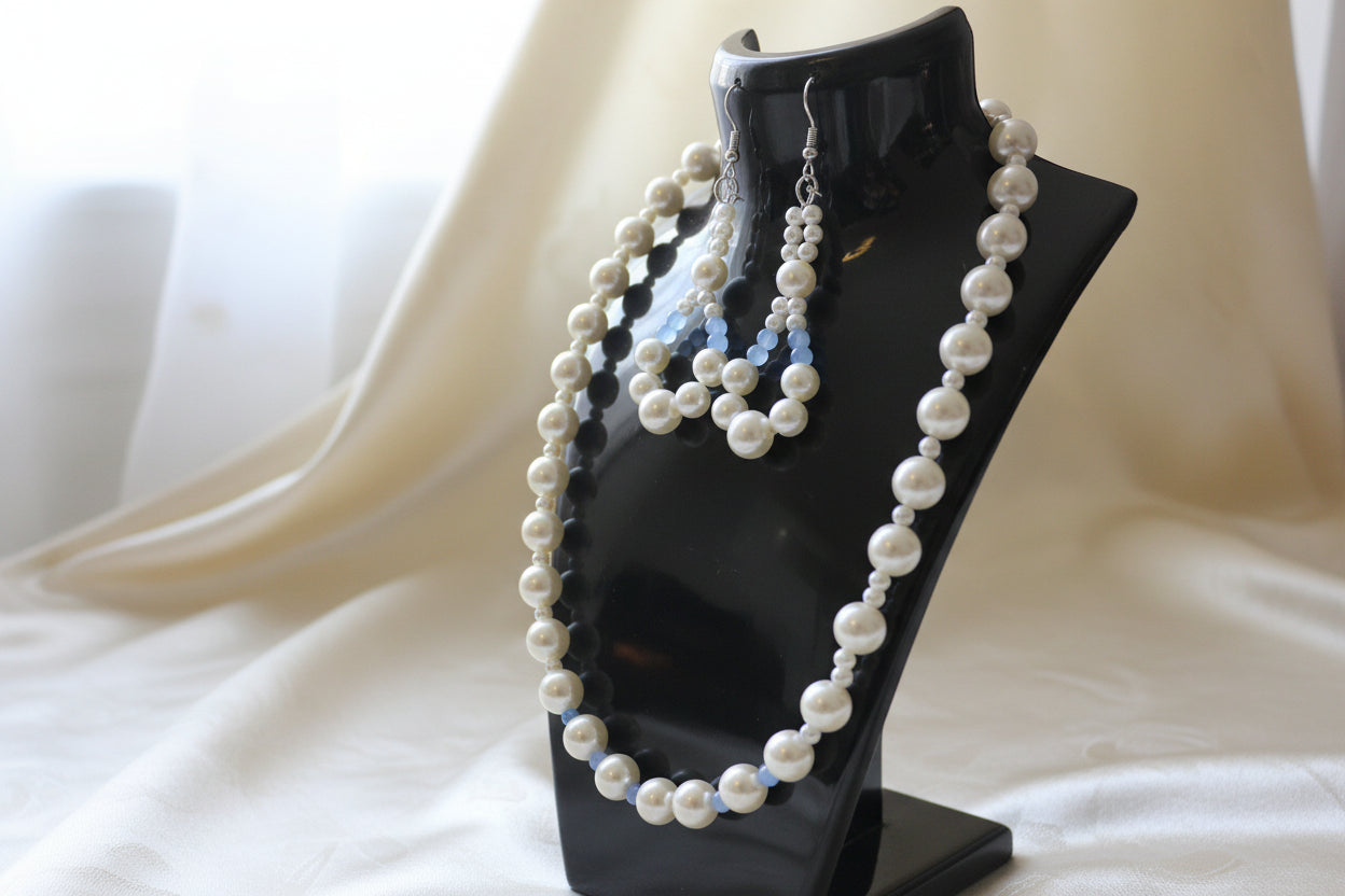 Serene Pearl & Sky Blue Beaded Necklace Set