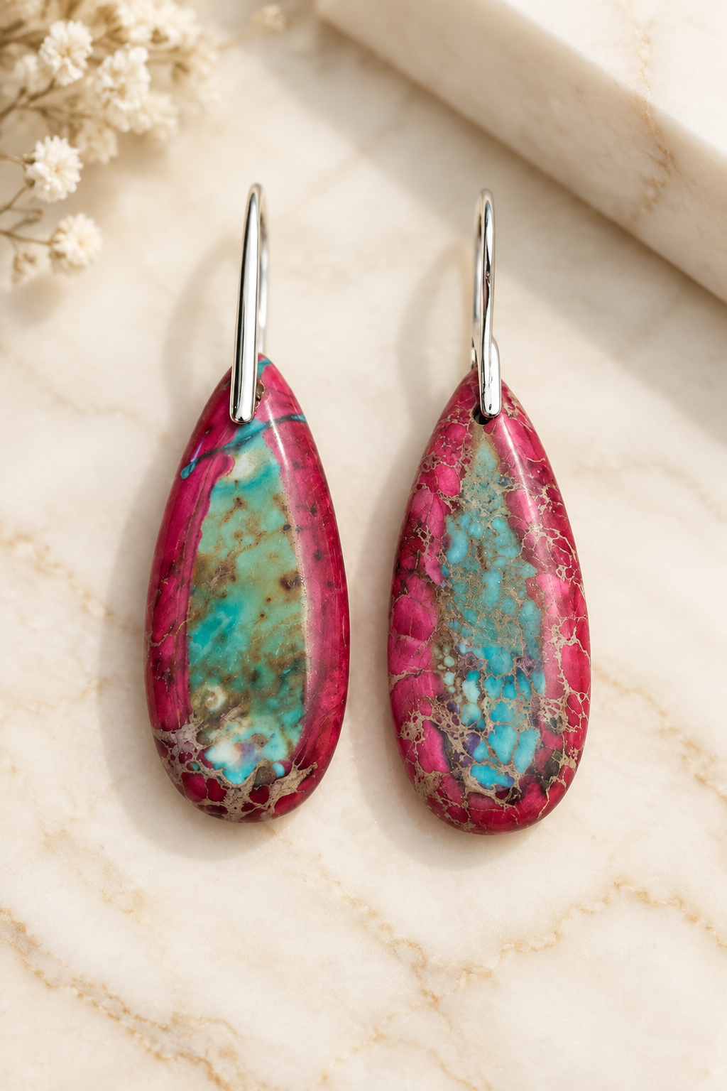 Pink Imperial Jasper Teardrop Earrings on cream marble