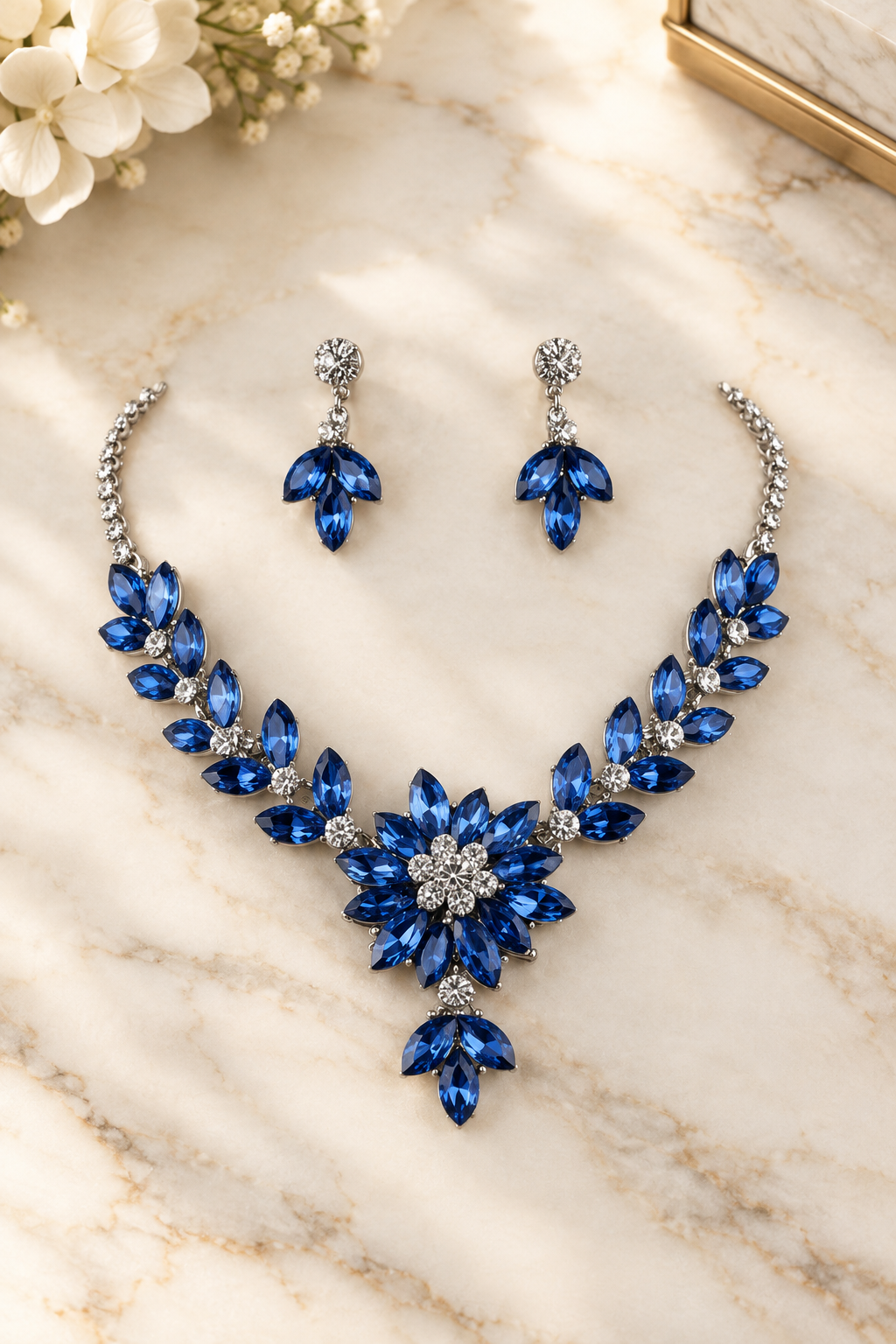 Sapphire Blue Floral Statement Set on cream marble