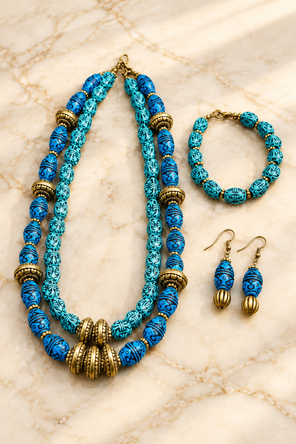 Sapphire Tribe Set on cream marble, new version