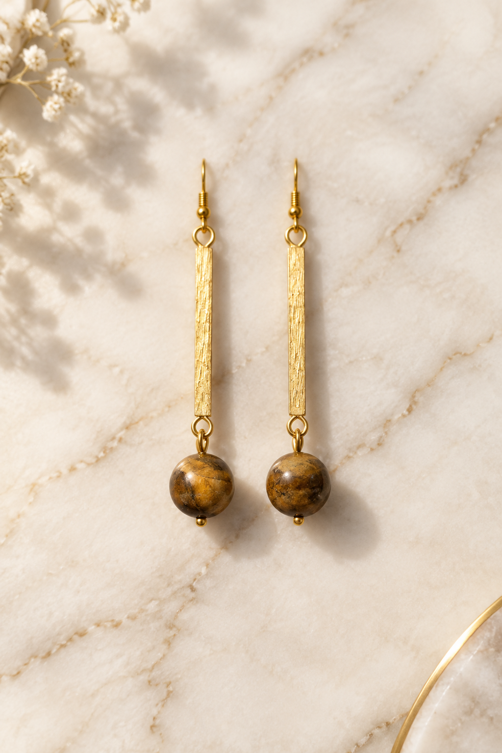 Tiger Eye Luxe Linear Earrings on cream marble