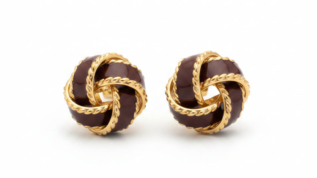 Brown Enamel Knot Stud Earrings