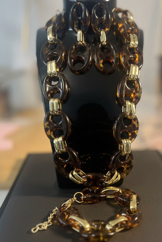 Tortoiseshell Chain Link Necklace, Earrings & Bracelet Set