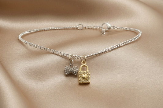 Silver Chain Lock & Bow Charm Anklet