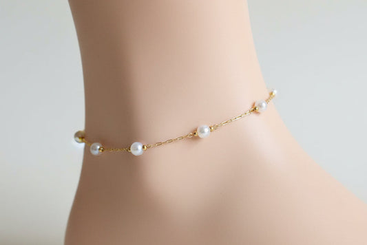 Minimal Gold-Chain Anklet with Natural Stone - Clear Beads