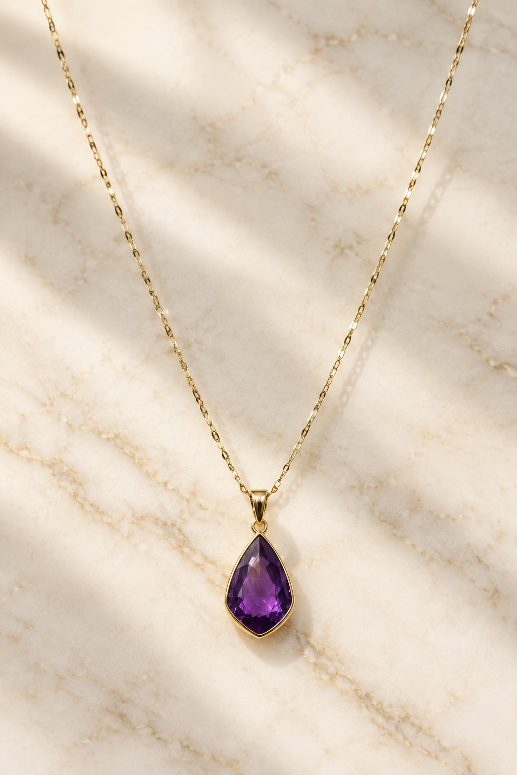 Amethyst Teardrop Necklace on cream marble, new version