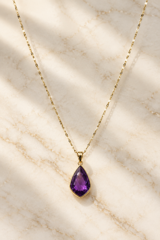 Amethyst Teardrop Necklace on cream marble, new version