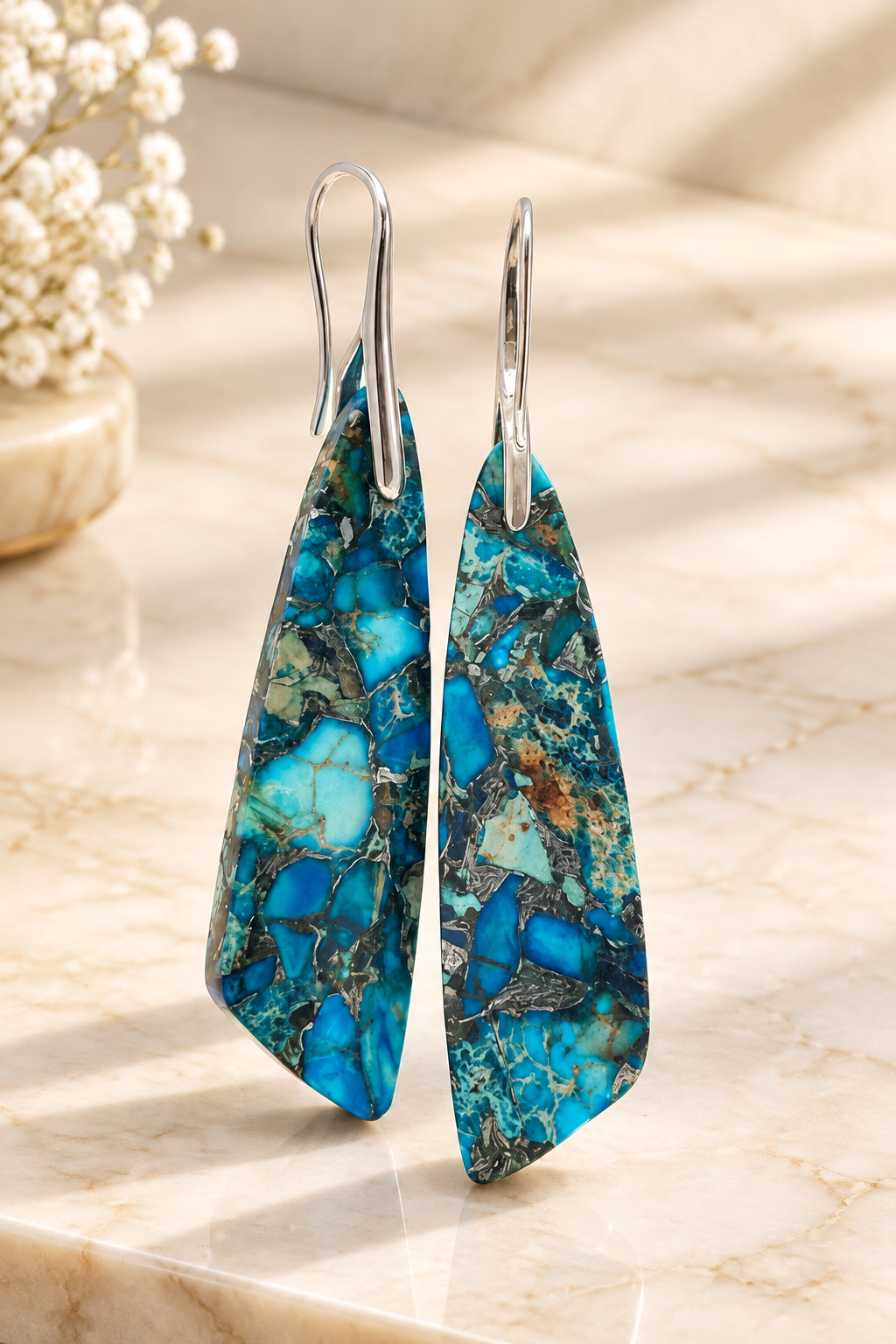 Blue Mosaic Imperial Jasper Earrings on cream marble