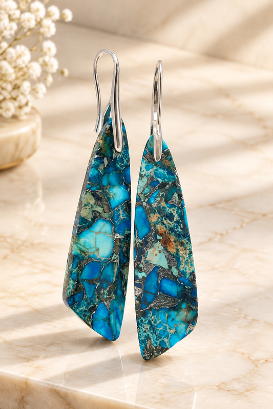 Blue Mosaic Imperial Jasper Earrings on cream marble