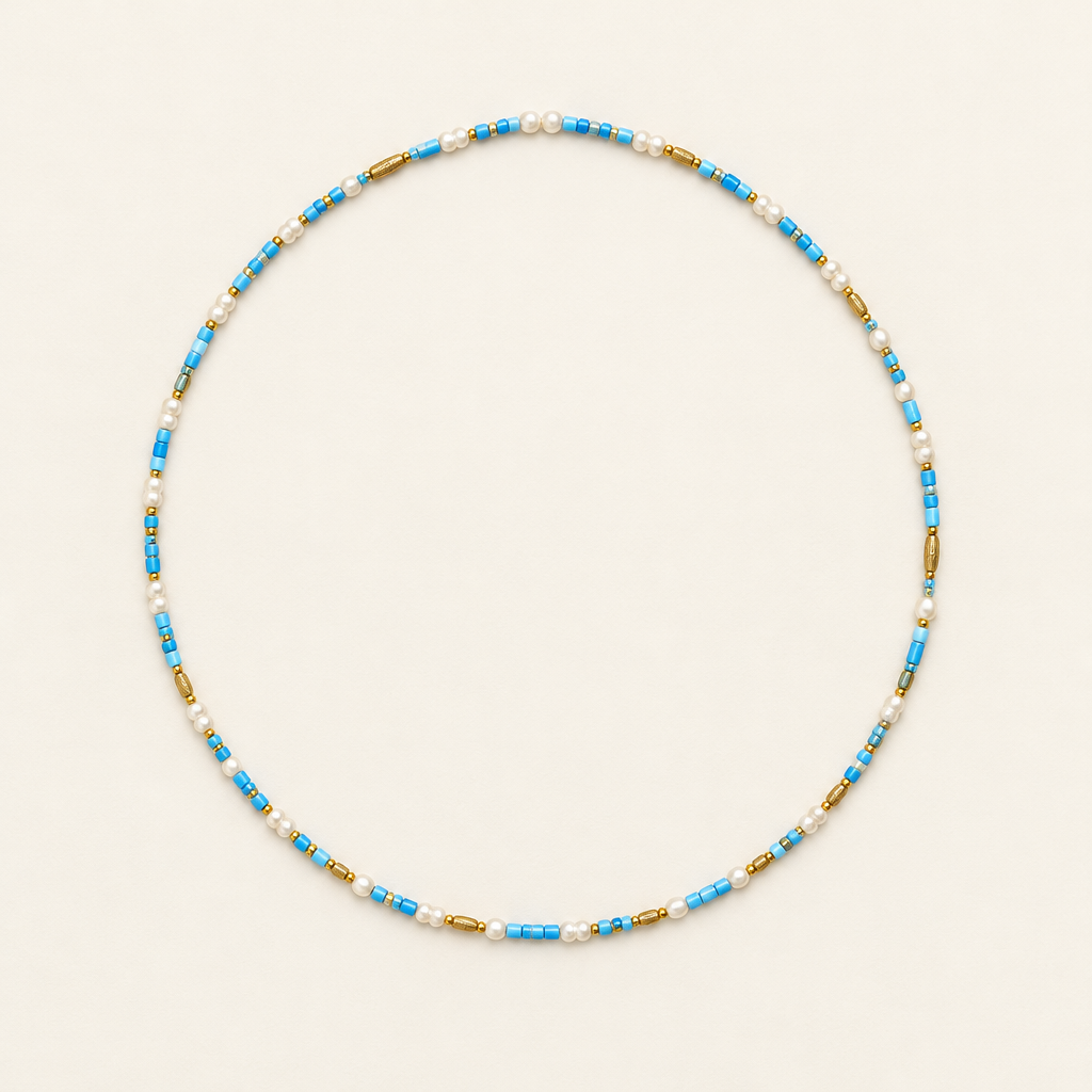 Blue Oasis waist beads arranged in a circle