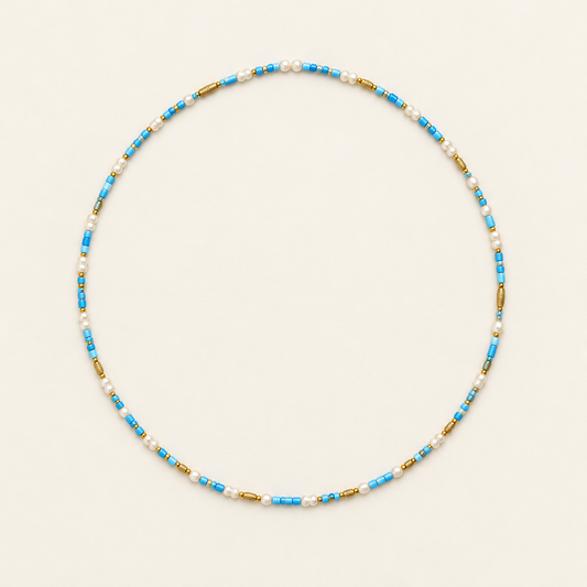 Blue Oasis waist beads arranged in a circle