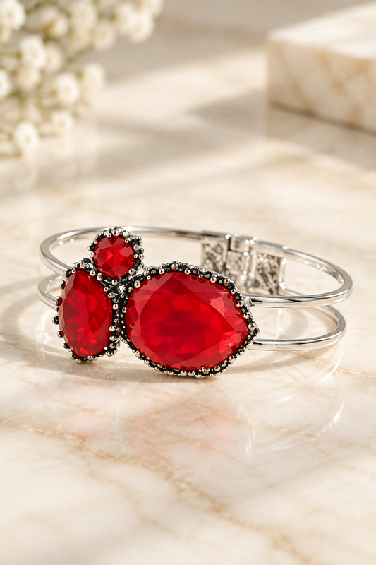 Bold Red Geometric Statement Silver-Tone Statement Bracelet
