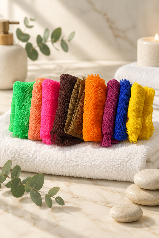 Exfoliating Bath Net in a spa setting on cream marble