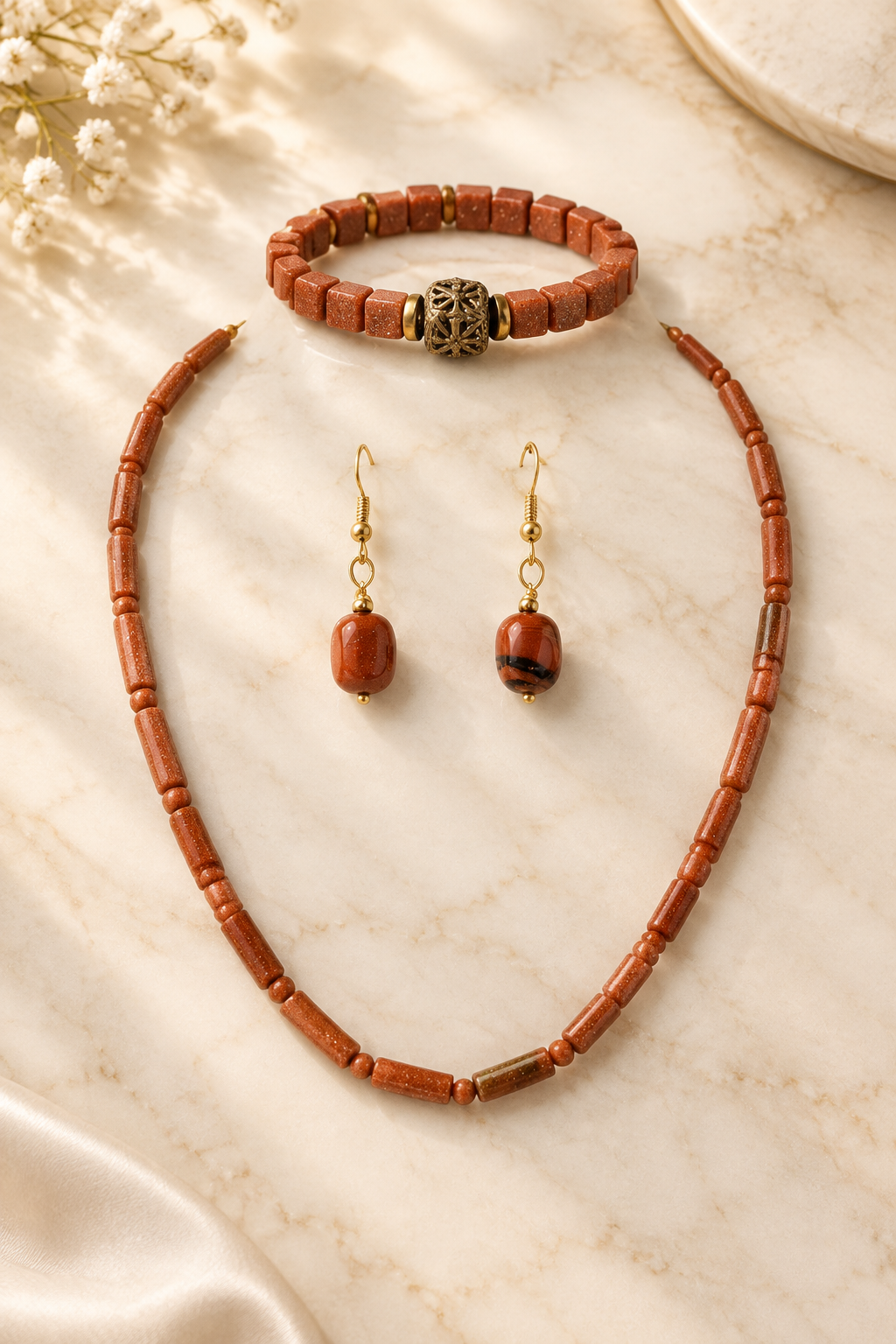 Gold Stone Necklace Set on cream marble, new version