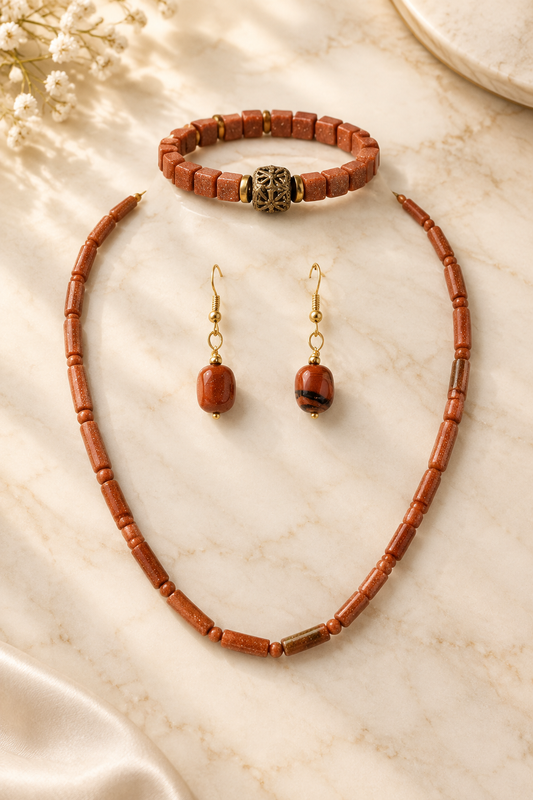 Gold Stone Necklace Set on cream marble, new version