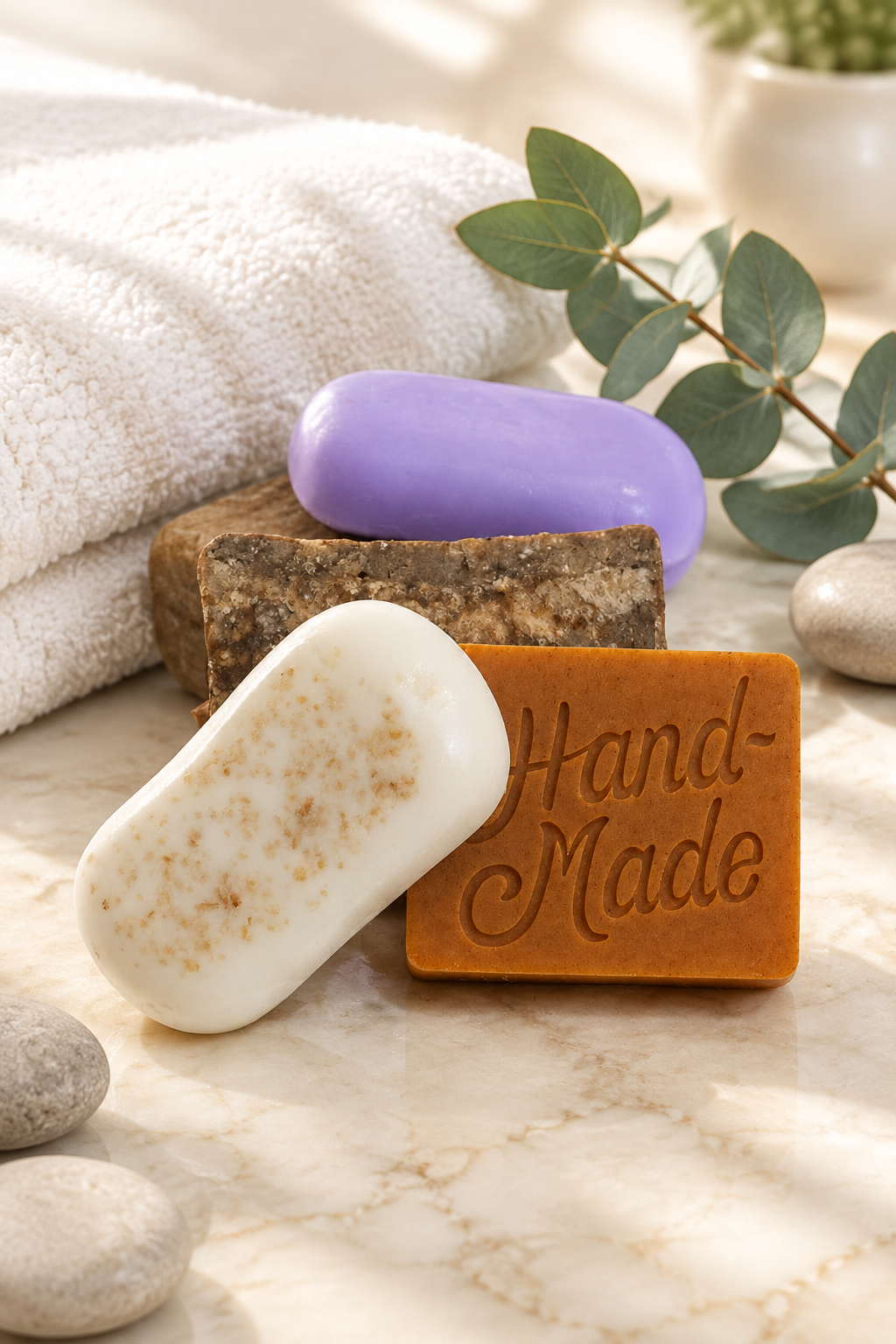 Handmade Soap Collection in a spa setting on cream marble