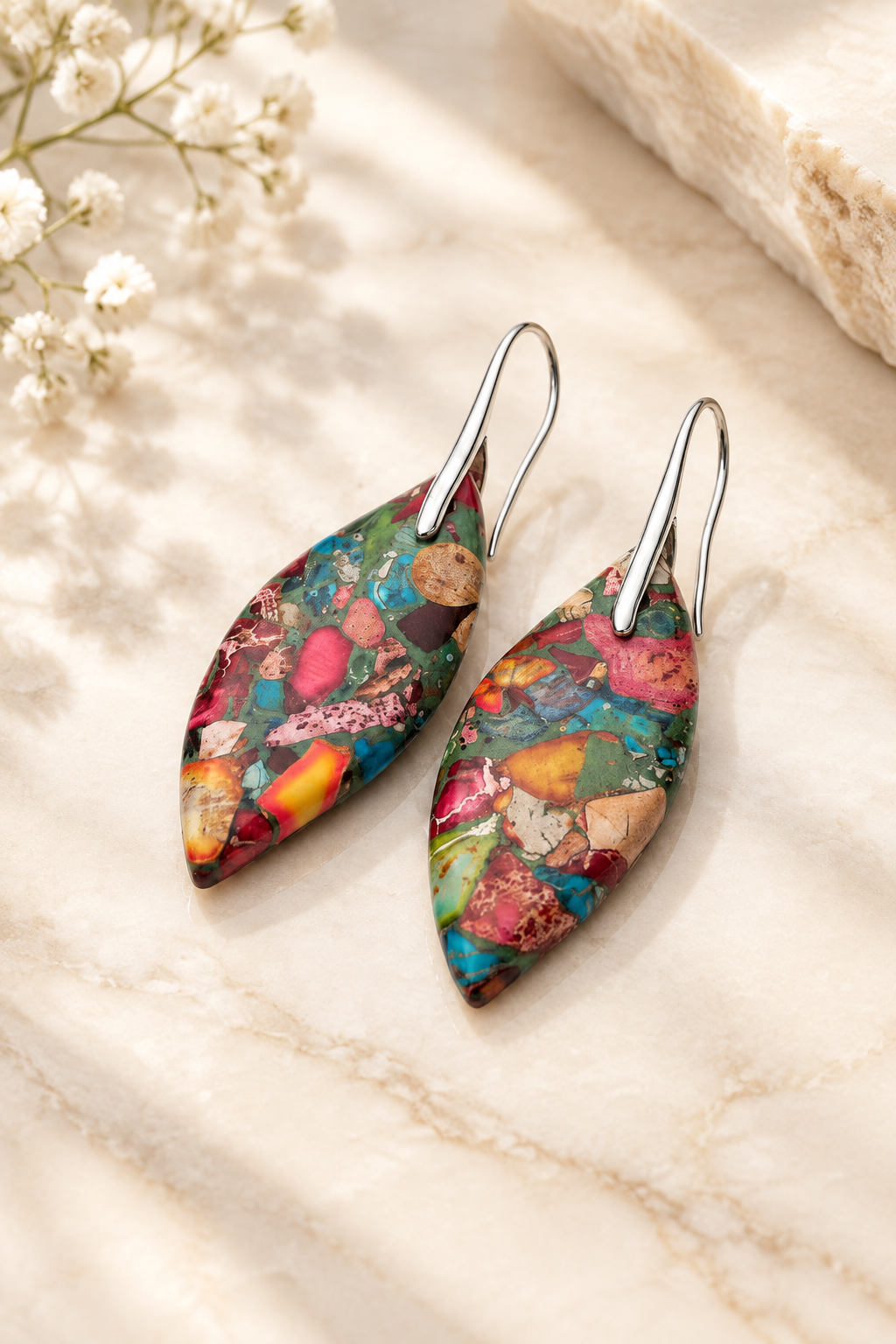 Kaleidoscope Mosaic Earrings on cream marble