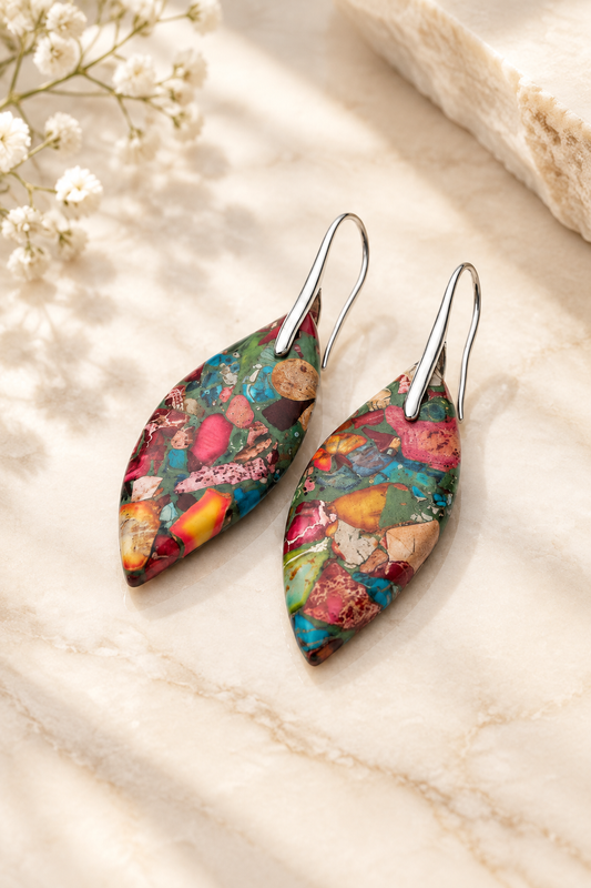 Kaleidoscope Mosaic Earrings on cream marble