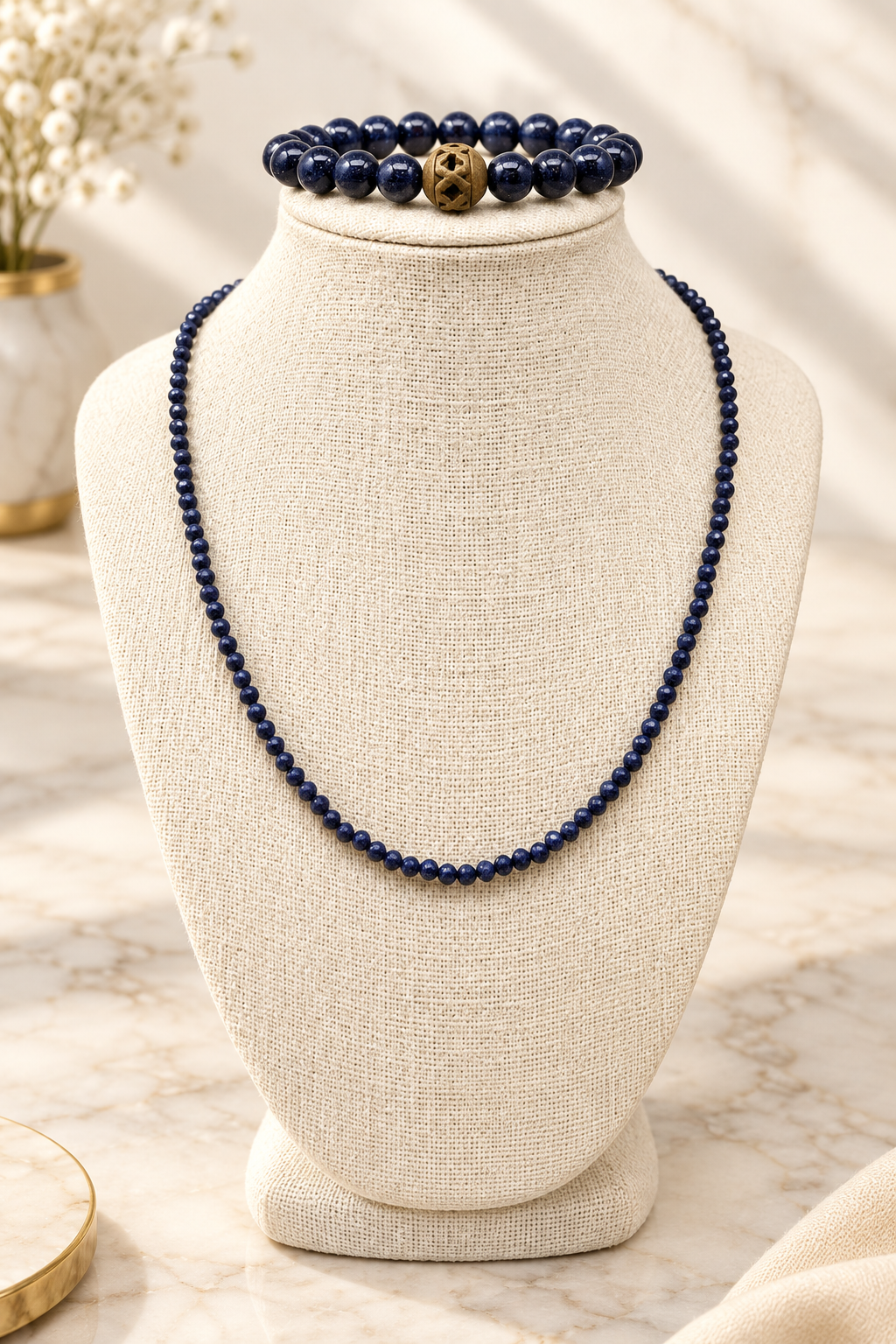 Midnight-Blue Gold-Stone Set on cream marble