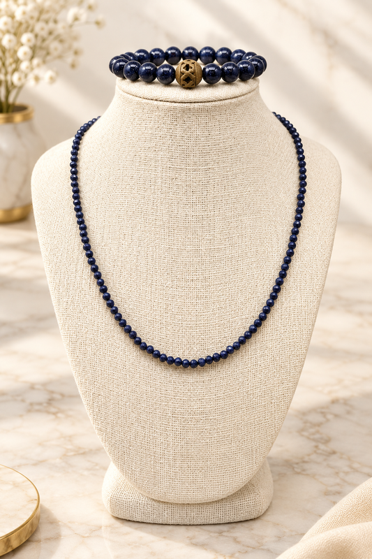 Midnight-Blue Gold-Stone Set on cream marble