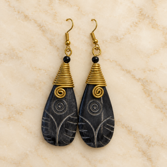 Midnight Etched Drop Earrings with cream marble background