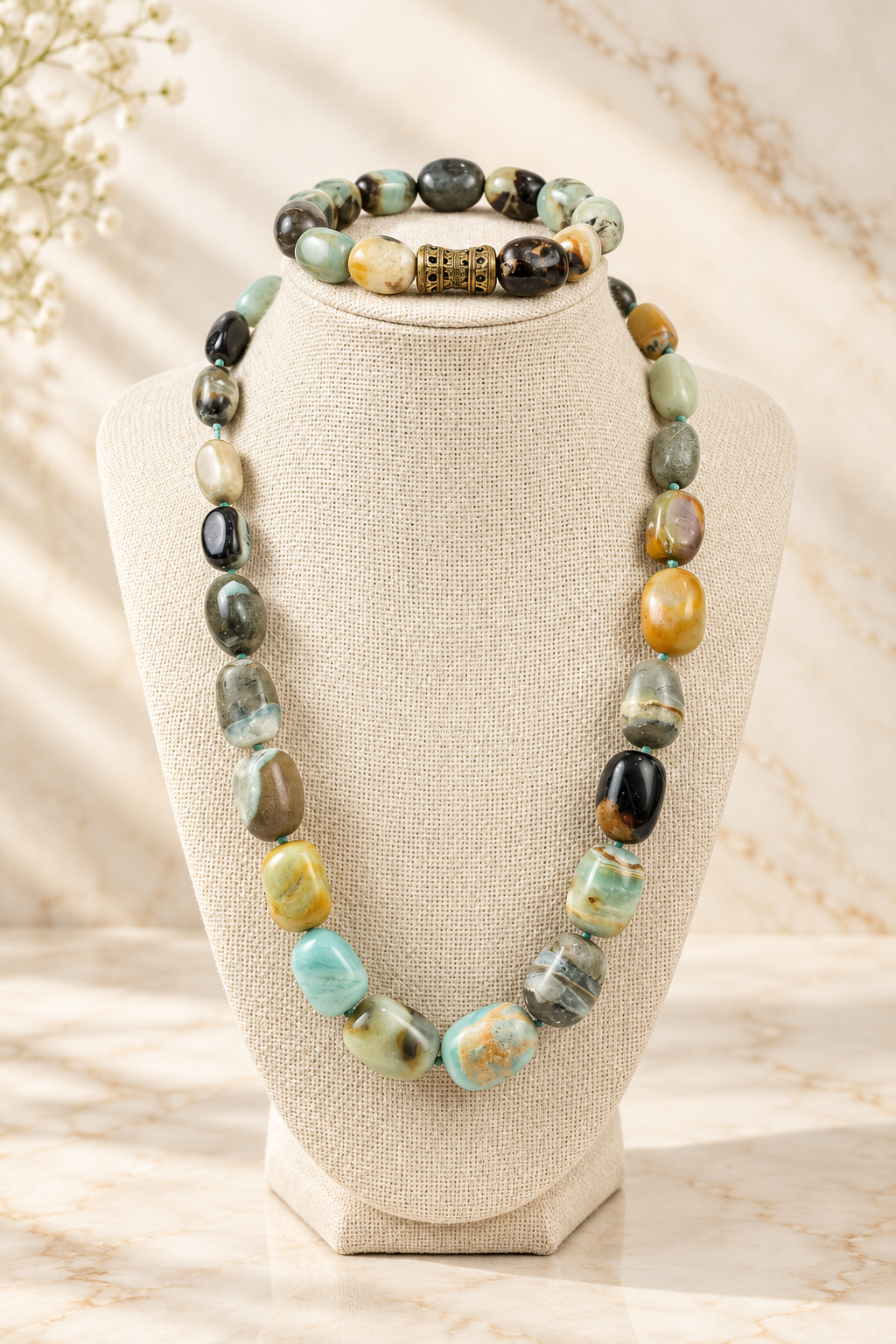 Multi Agate Stone Necklace & Bracelet on cream marble