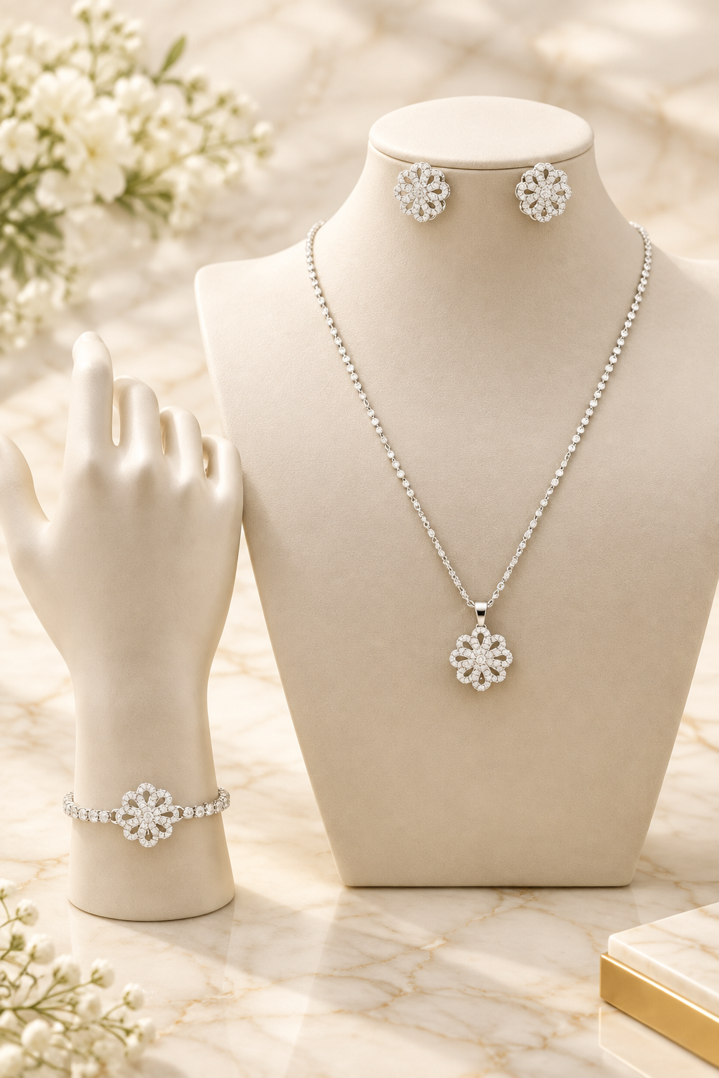 Radiant Bloom Sterling Silver on cream marble