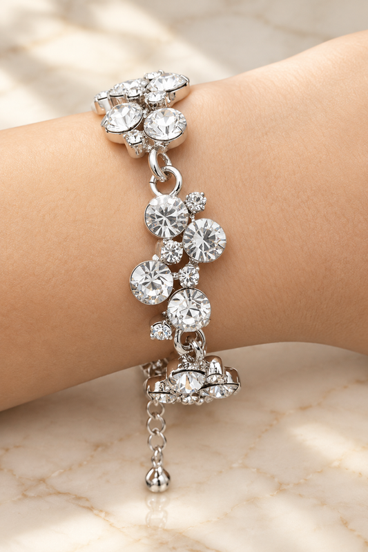 Silver Crystal Cluster Link Statement Bracelet