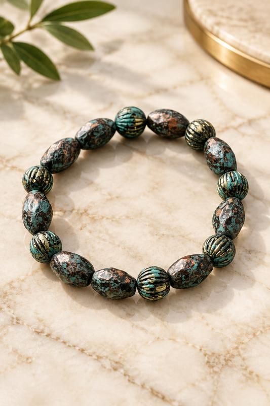 Tribal Harmony Mixed-Bead Bracelet on cream marble
