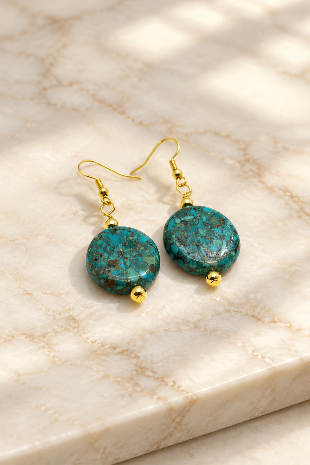 Turquoise Mosaic Stone Earrings on cream marble