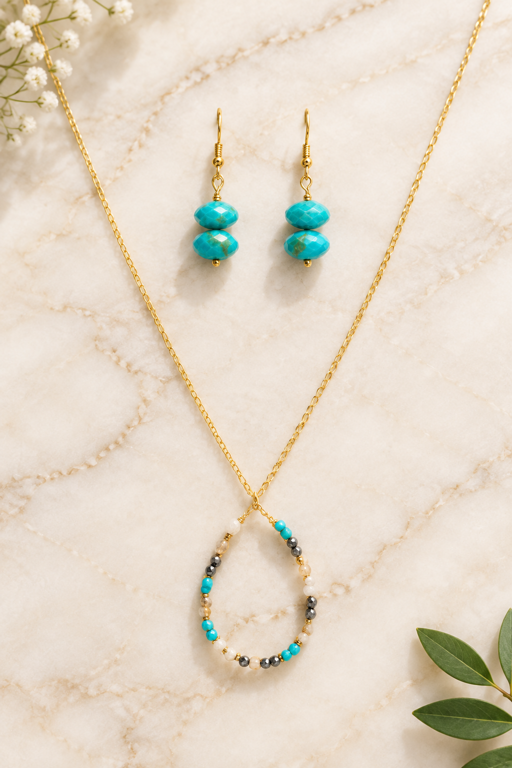 Turquoise Teardrop Pendant Set on cream marble, new version