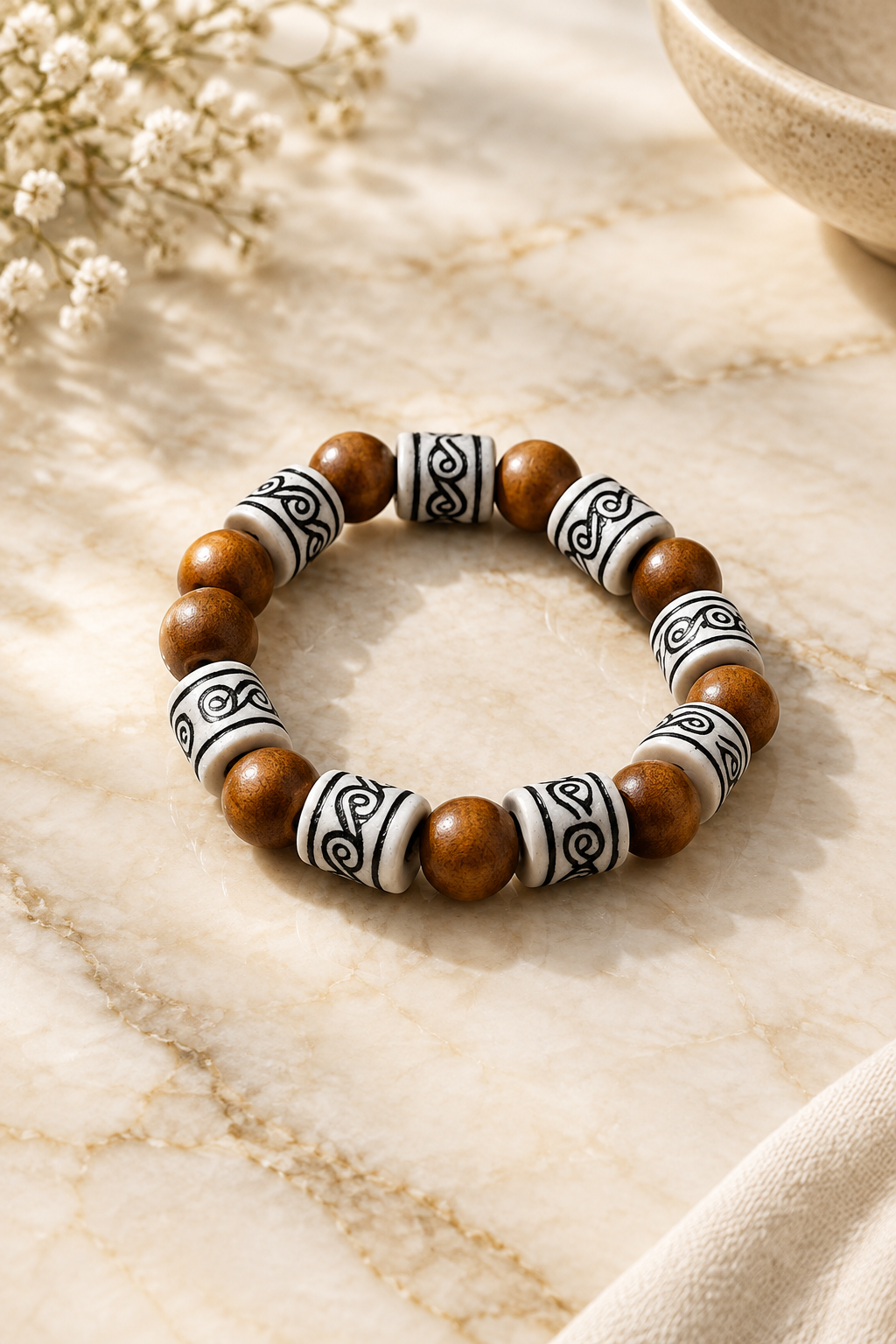 Unity Earth Bead Bracelet on cream marble